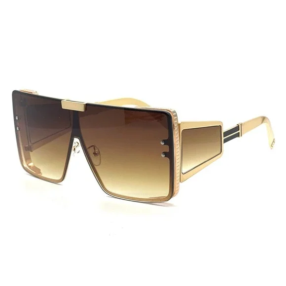 Shield Sunglasses Futuristic Visor Gold Frame Brown Lens Fashion Luxury Model - Picture 6 of 12